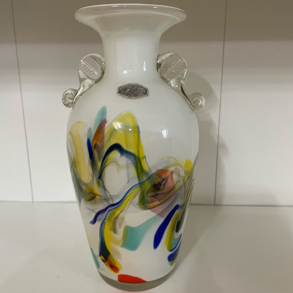 Rare Vintage Snowflake Glass Vase Multicolor 8”